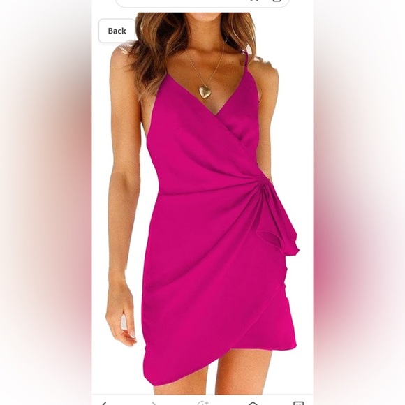 Women's Wrap V Neck Self Tie Ruched Sleeveless Spaghetti Strap Satin Mini Dress - Picture 2 of 3